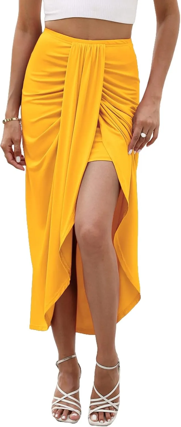 POGTMM Women's Split Long Skirt Asymmetrical High Waisted Double Layer Casual Beach Cover up Warp Maxi Skirts
