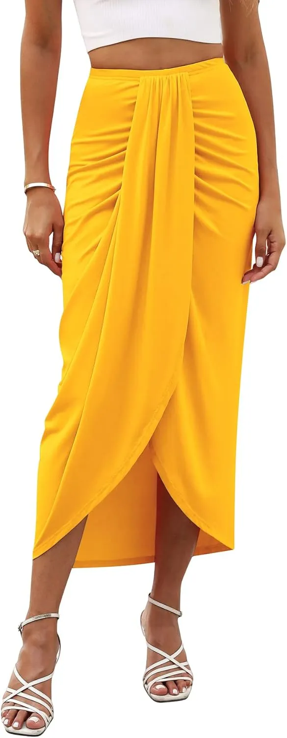 POGTMM Women's Split Long Skirt Asymmetrical High Waisted Double Layer Casual Beach Cover up Warp Maxi Skirts