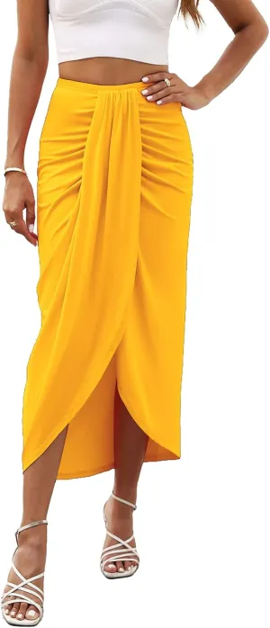 POGTMM Women's Split Long Skirt Asymmetrical High Waisted Double Layer Casual Beach Cover up Warp Maxi Skirts