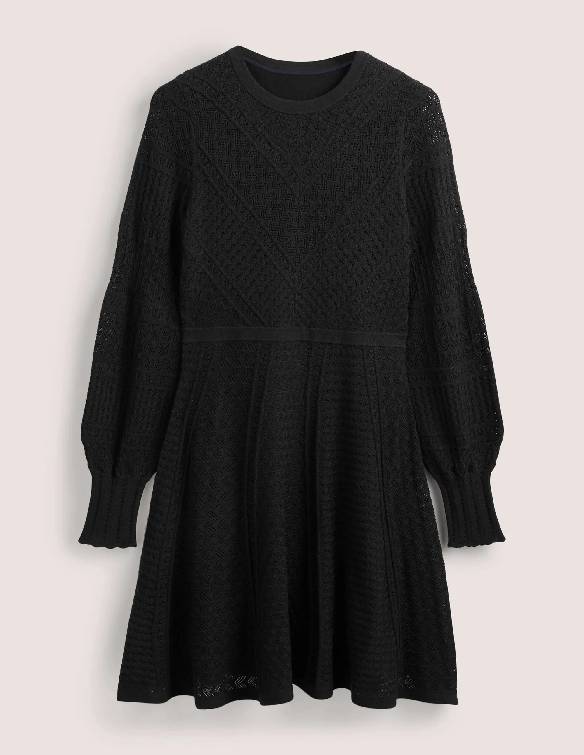 Pointelle Knitted Mini Dress-Black