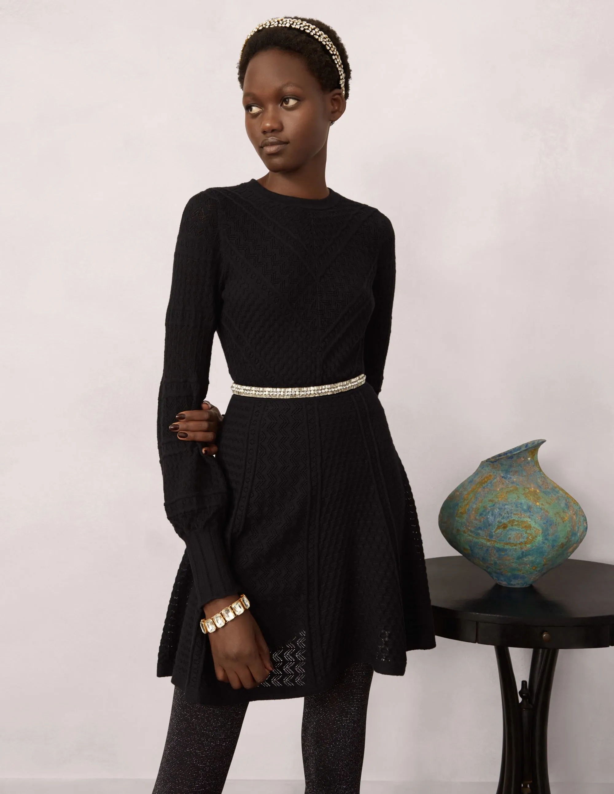Pointelle Knitted Mini Dress-Black