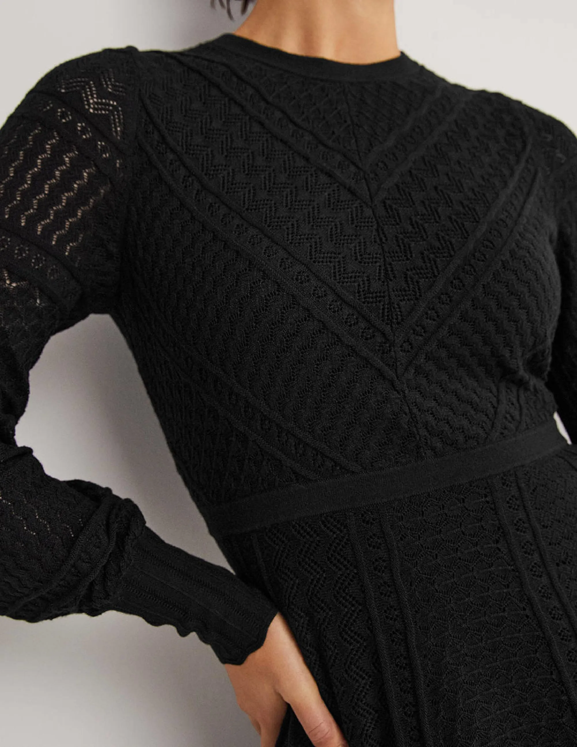 Pointelle Knitted Mini Dress-Black