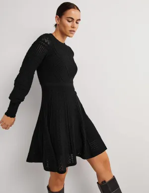 Pointelle Knitted Mini Dress-Black