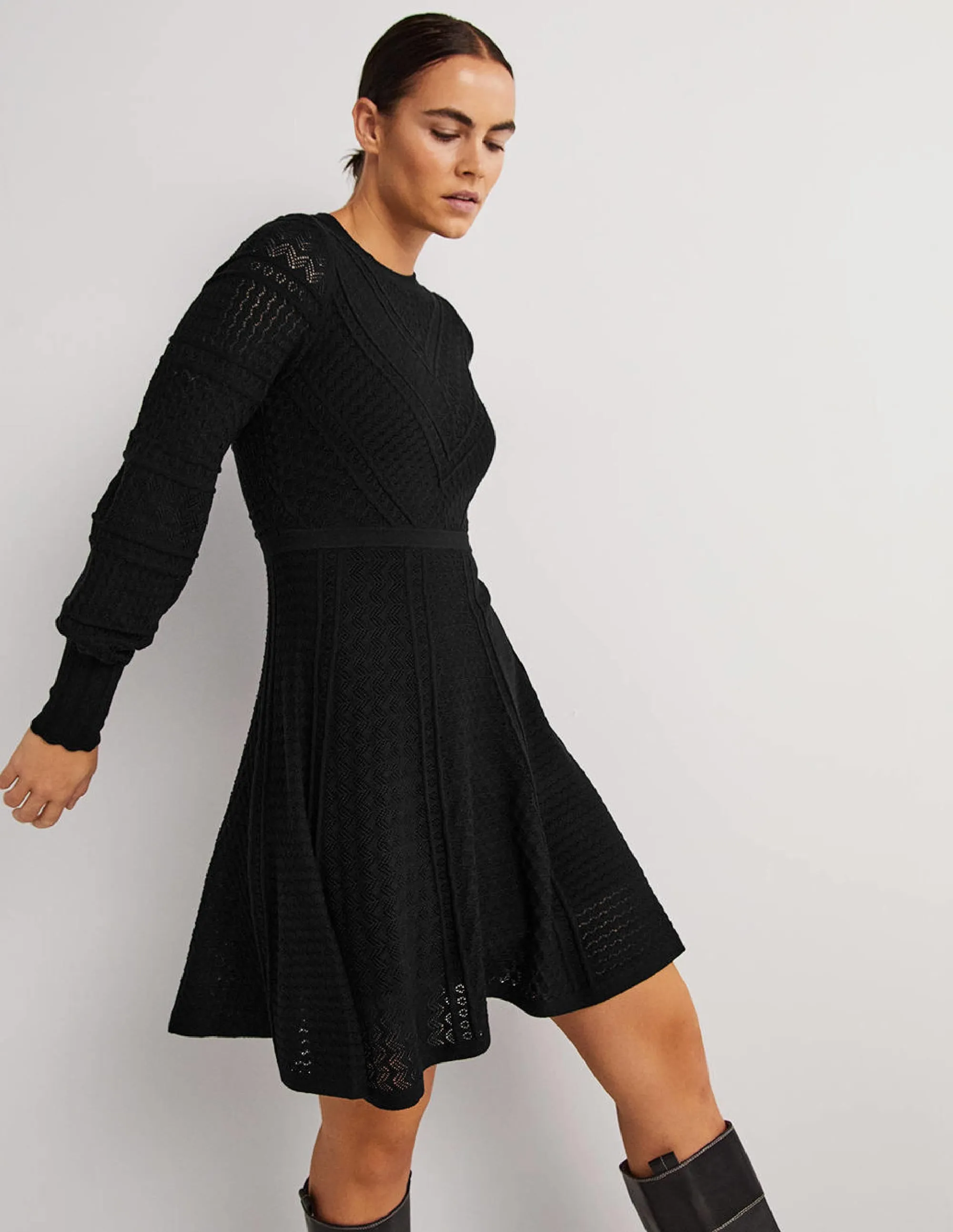 Pointelle Knitted Mini Dress-Black