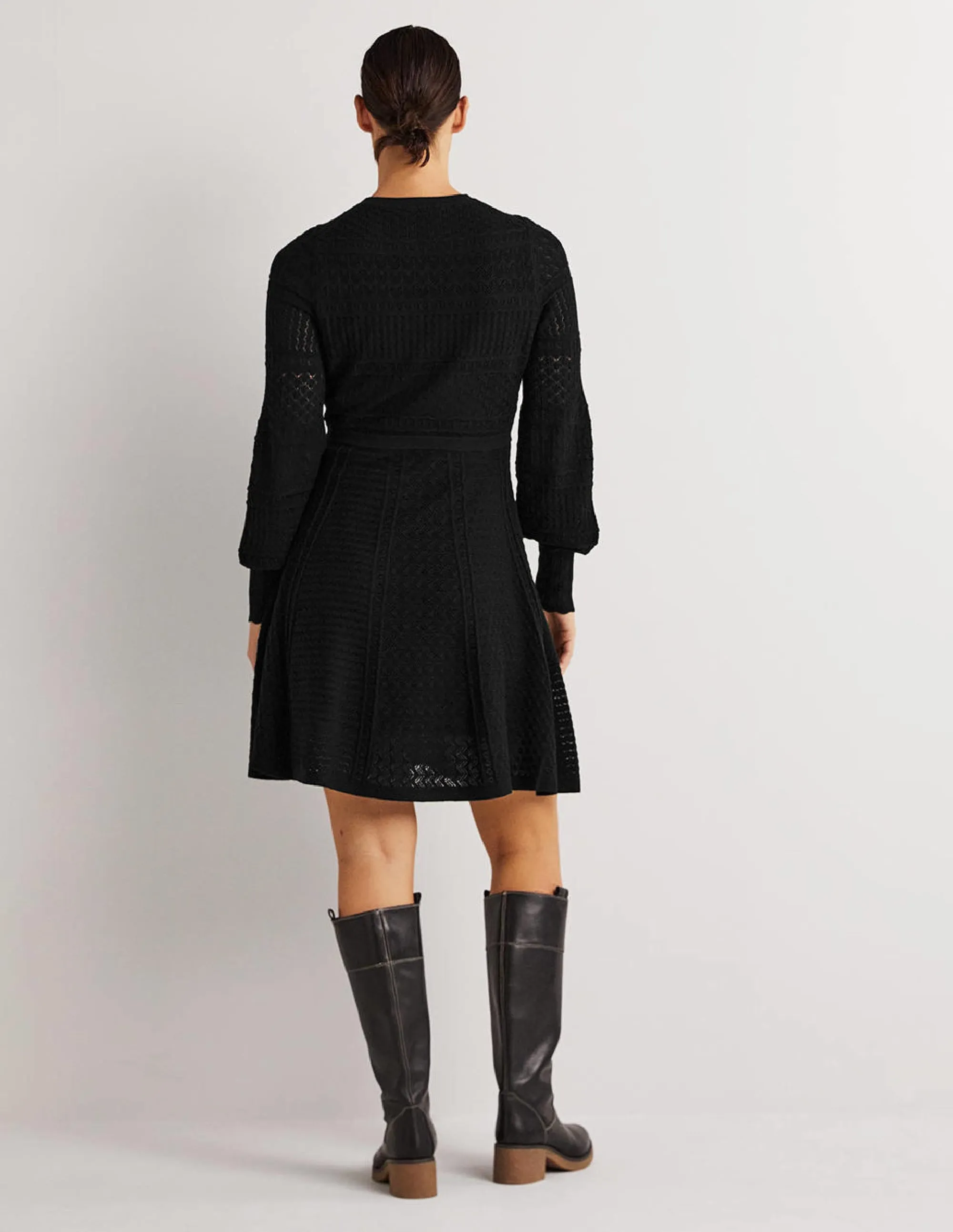Pointelle Knitted Mini Dress-Black