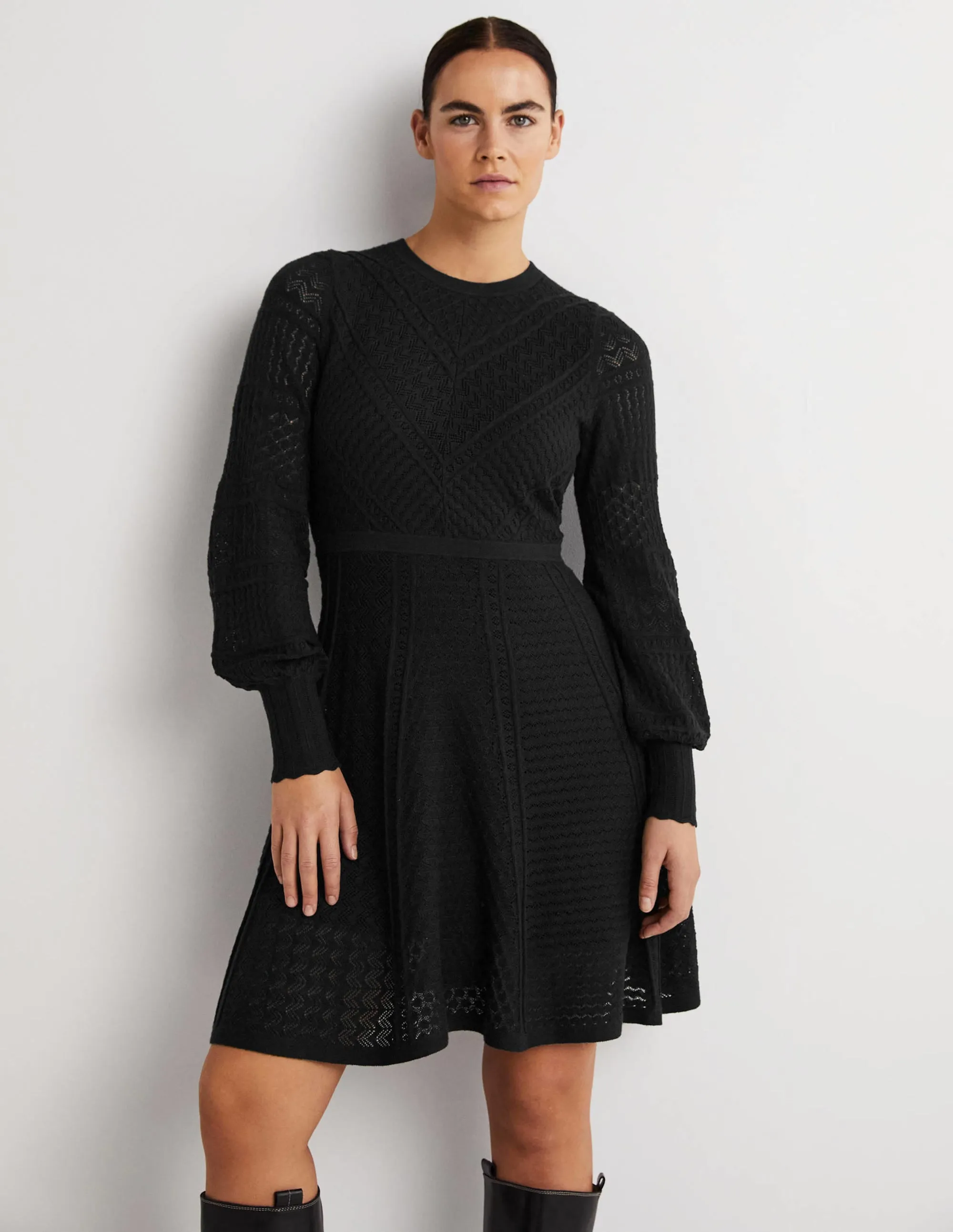 Pointelle Knitted Mini Dress-Black