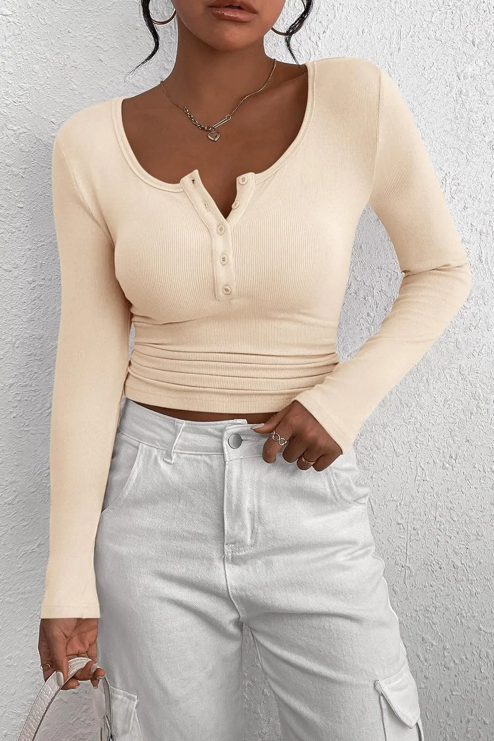 PRETTYGARDEN Women's 2025 Spring Fall Long Sleeve Henley T Shirts Button Ribbed Knit Slim Fit Casual Basic Tops Blouse