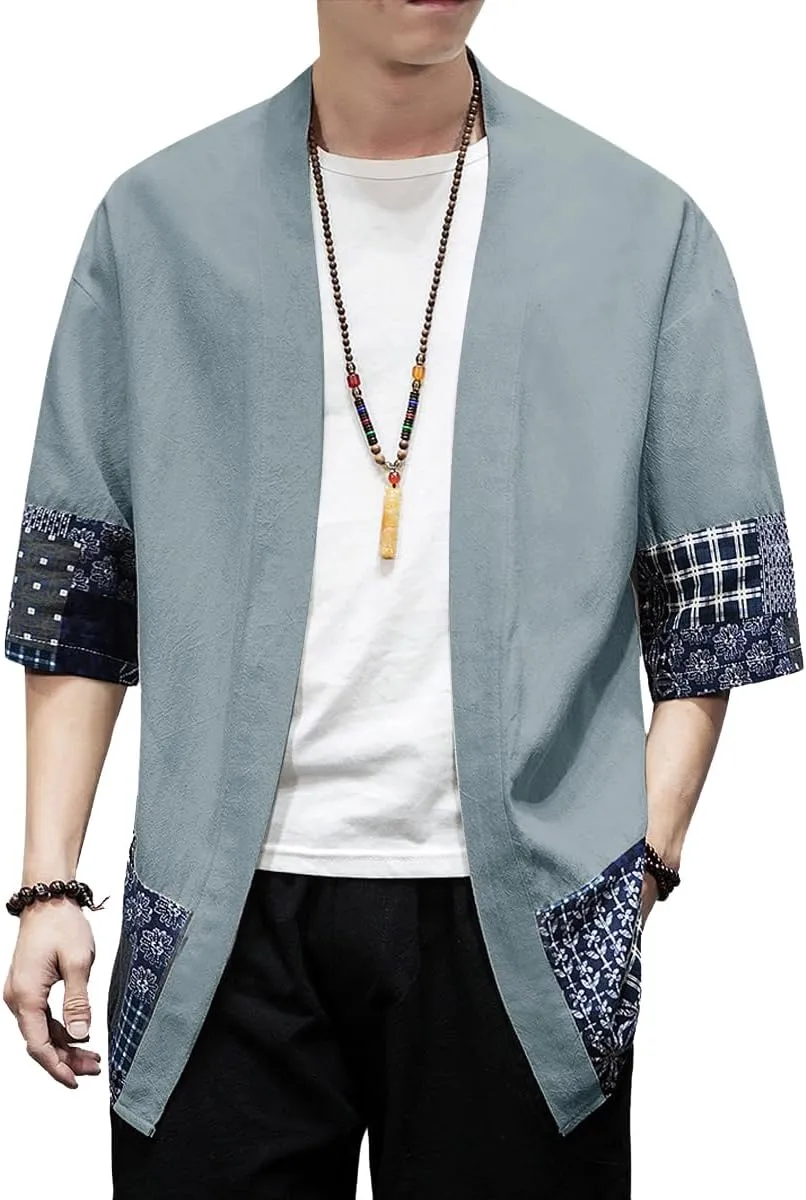 PRIJOUHE Men's Kimono Jackets Cardigan Lightweight Casual Cotton Blends Linen Seven Sleeves Open Front Coat Outwear