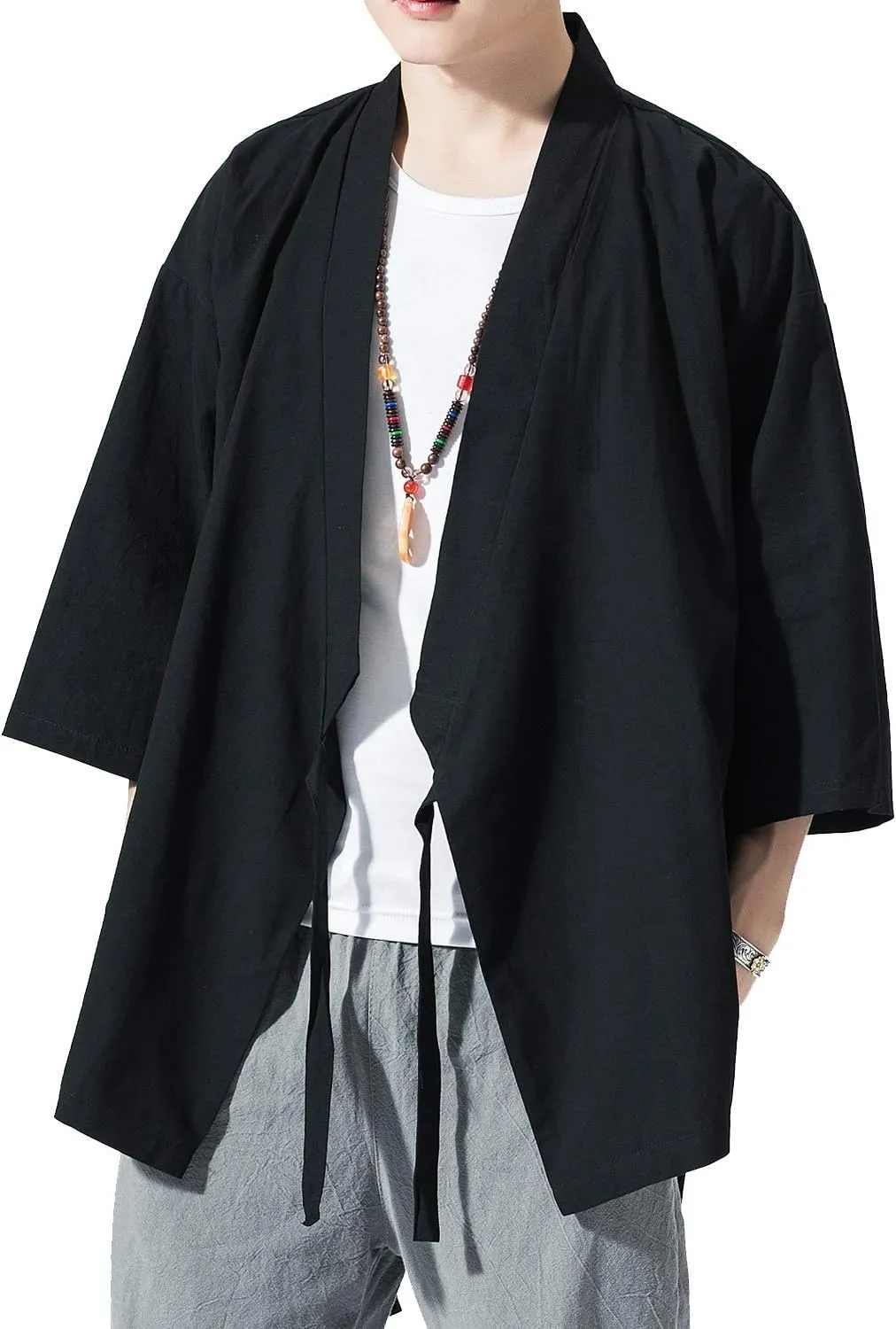 PRIJOUHE Men's Kimono Jackets Cardigan Lightweight Casual Cotton Blends Linen Seven Sleeves Open Front Coat Outwear