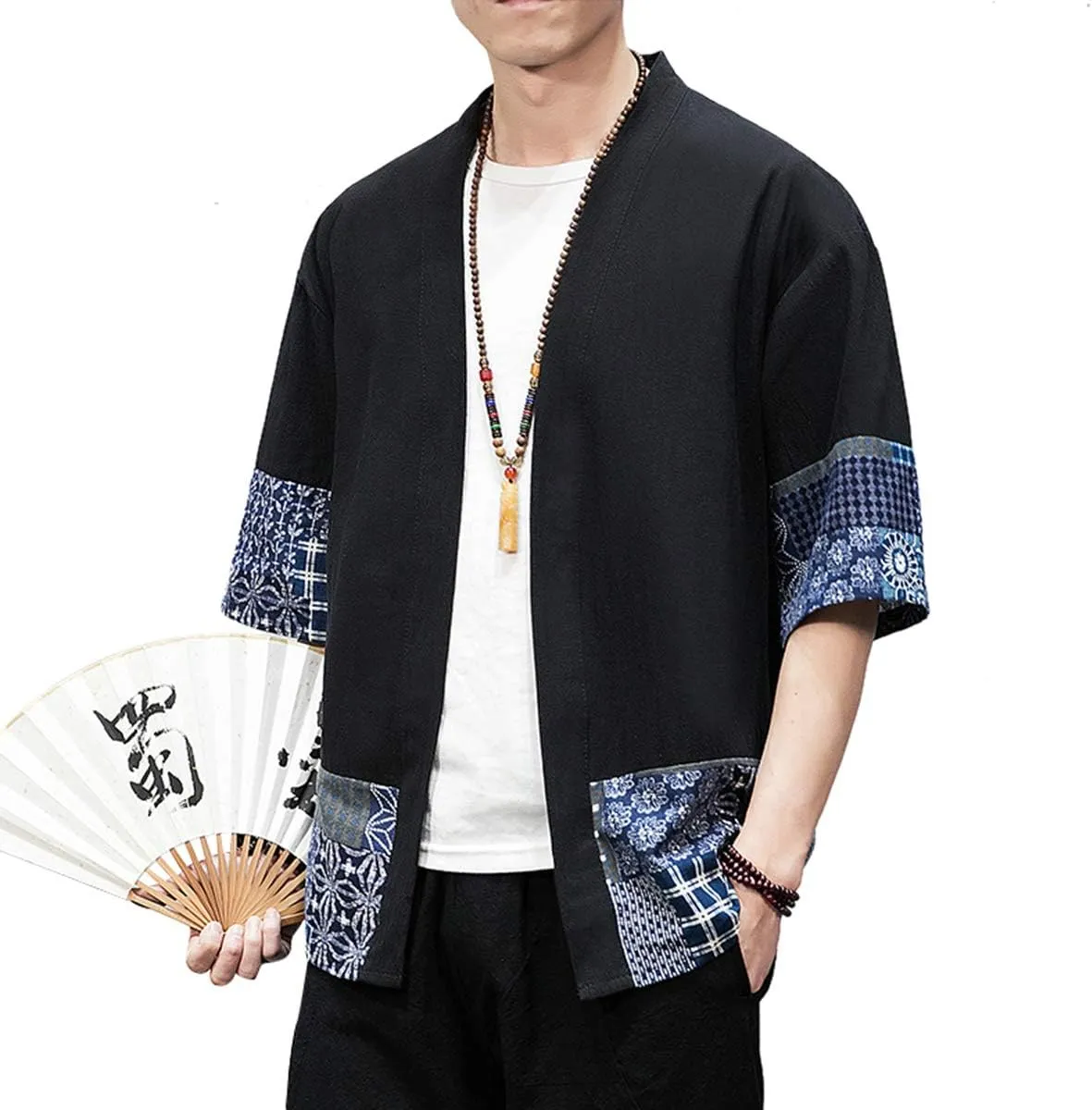 PRIJOUHE Men's Kimono Jackets Cardigan Lightweight Casual Cotton Blends Linen Seven Sleeves Open Front Coat Outwear