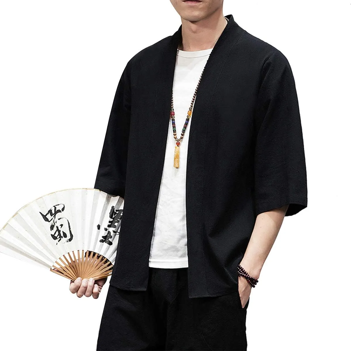 PRIJOUHE Men's Kimono Jackets Cardigan Lightweight Casual Cotton Blends Linen Seven Sleeves Open Front Coat Outwear