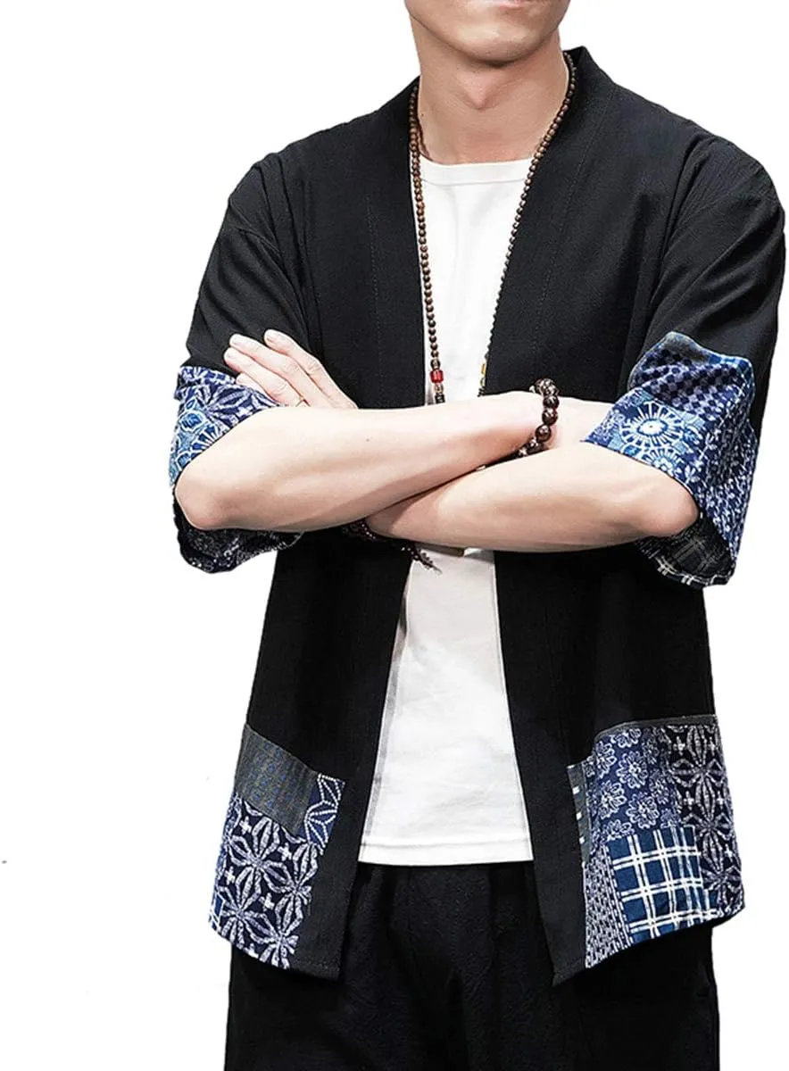 PRIJOUHE Men's Kimono Jackets Cardigan Lightweight Casual Cotton Blends Linen Seven Sleeves Open Front Coat Outwear