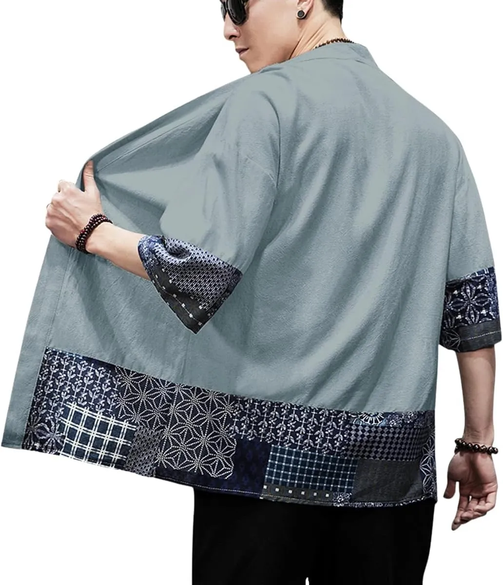 PRIJOUHE Men's Kimono Jackets Cardigan Lightweight Casual Cotton Blends Linen Seven Sleeves Open Front Coat Outwear