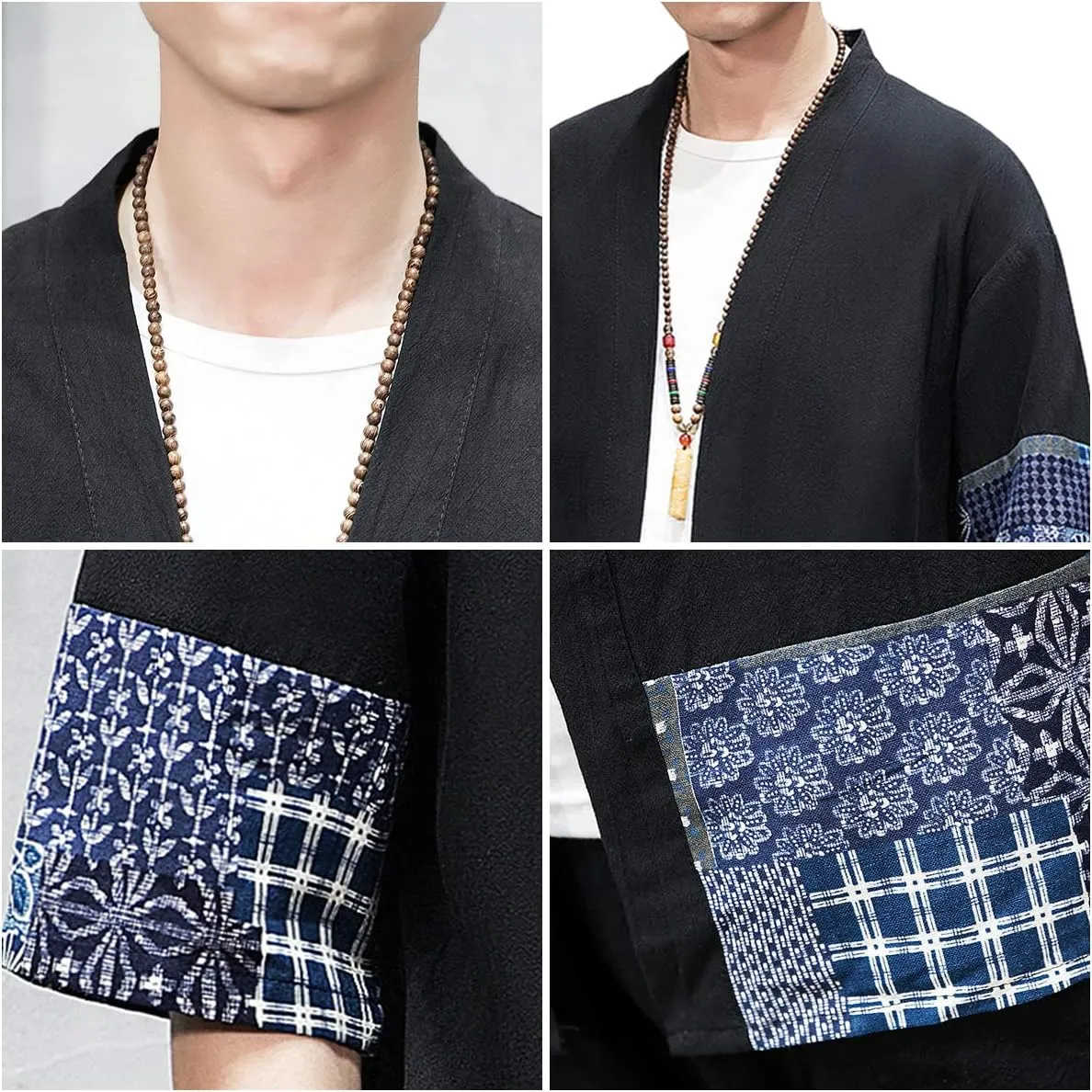 PRIJOUHE Men's Kimono Jackets Cardigan Lightweight Casual Cotton Blends Linen Seven Sleeves Open Front Coat Outwear