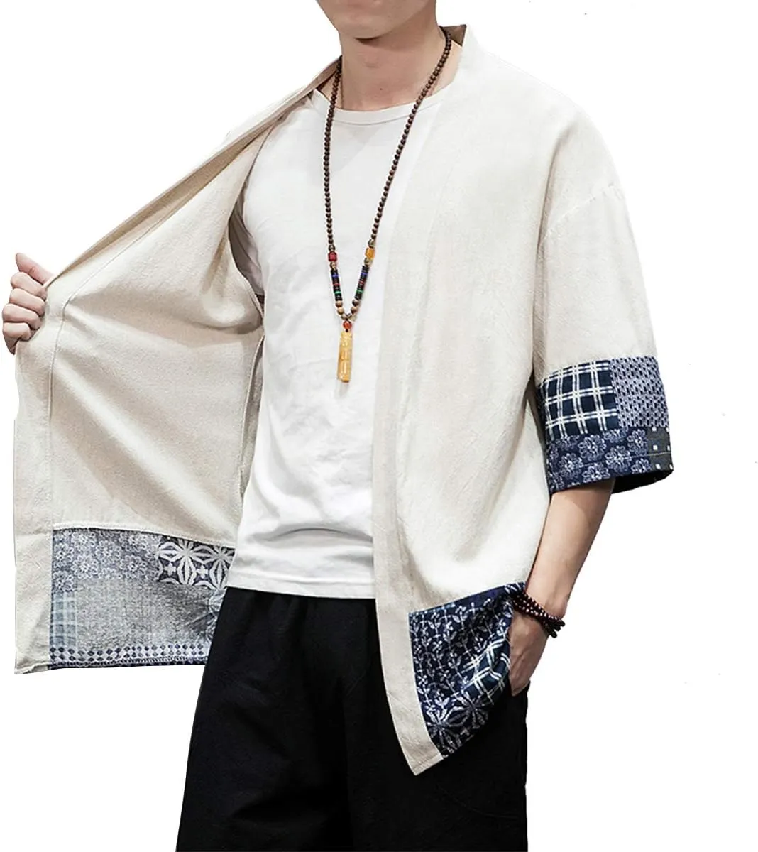 PRIJOUHE Men's Kimono Jackets Cardigan Lightweight Casual Cotton Blends Linen Seven Sleeves Open Front Coat Outwear