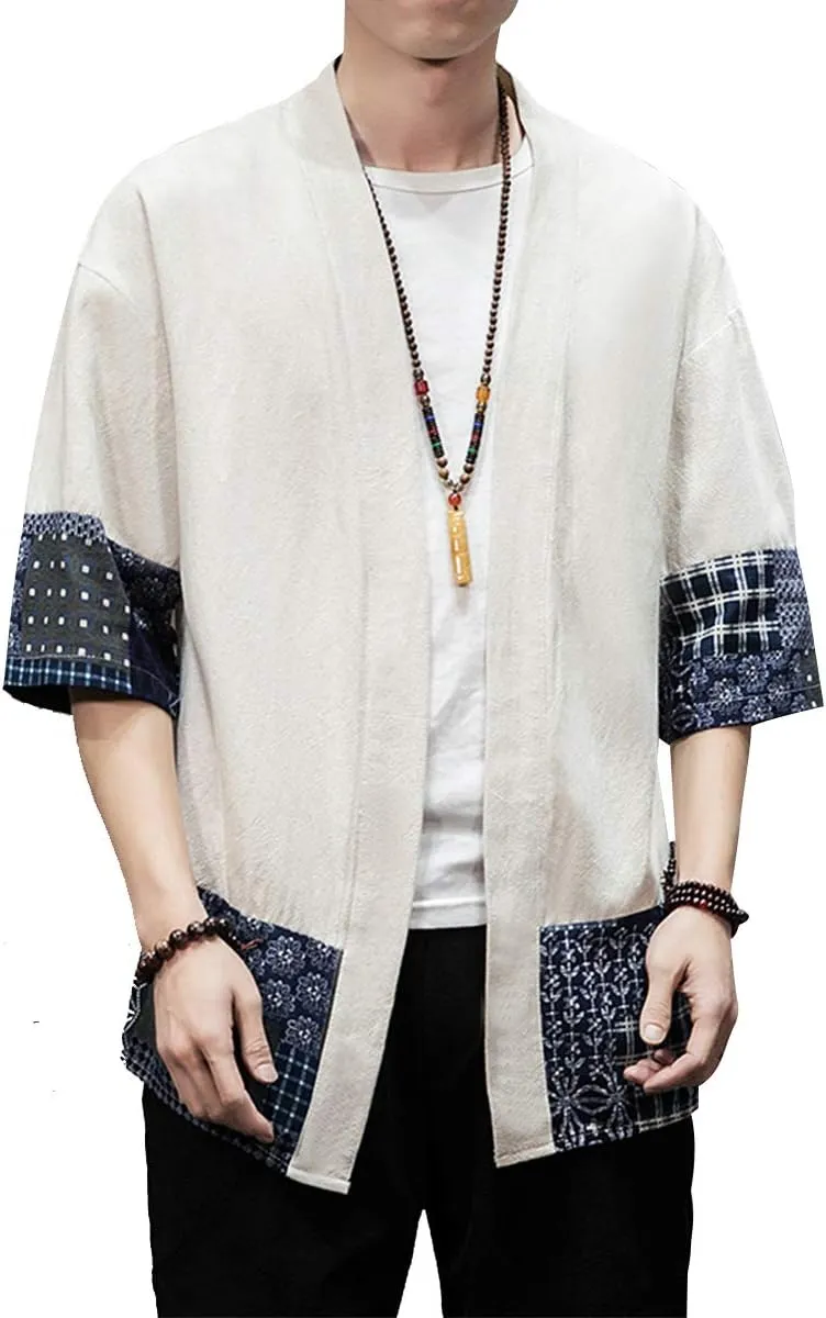 PRIJOUHE Men's Kimono Jackets Cardigan Lightweight Casual Cotton Blends Linen Seven Sleeves Open Front Coat Outwear