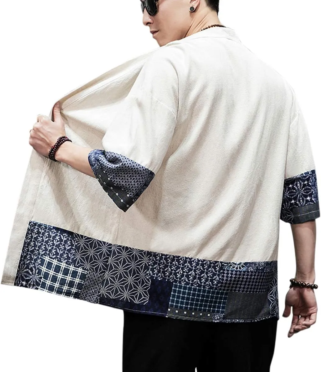 PRIJOUHE Men's Kimono Jackets Cardigan Lightweight Casual Cotton Blends Linen Seven Sleeves Open Front Coat Outwear