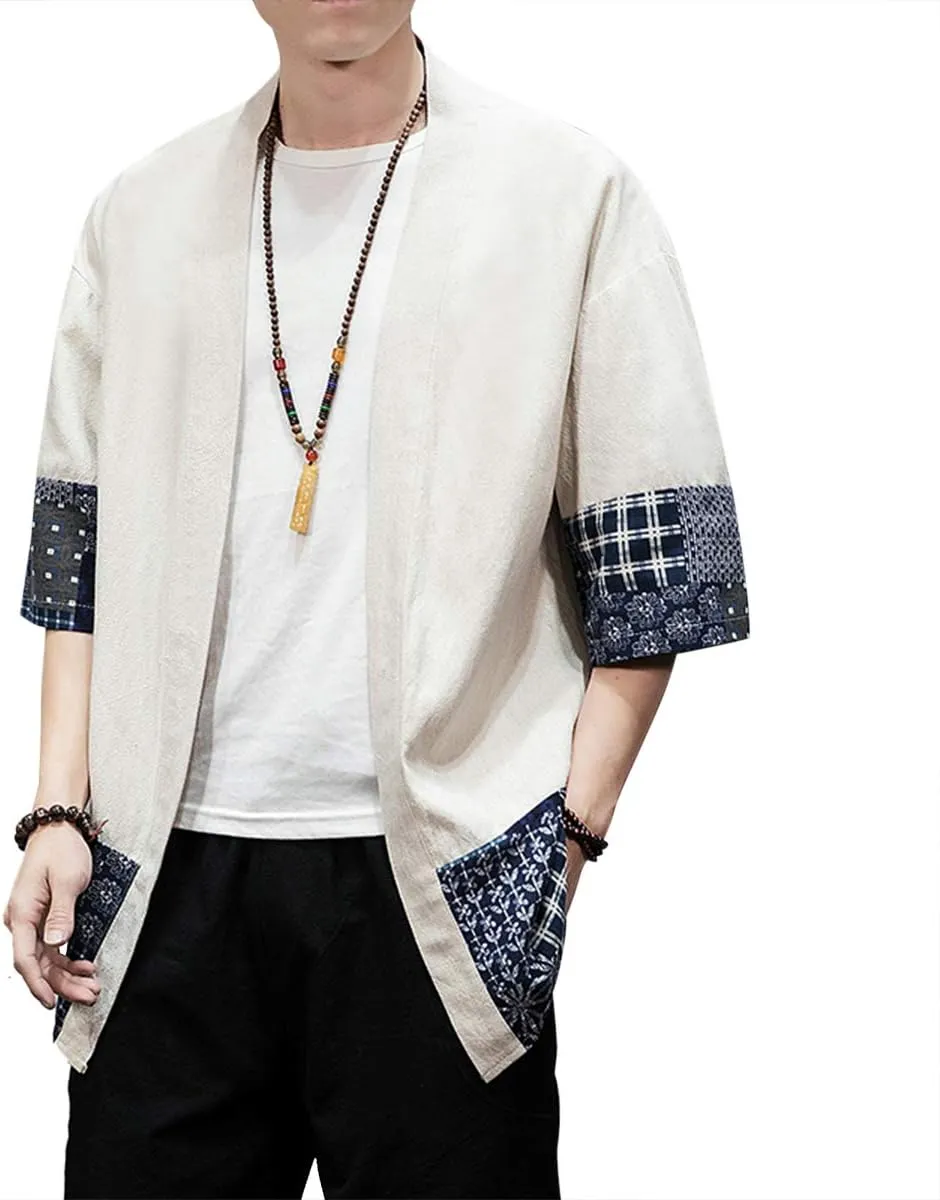 PRIJOUHE Men's Kimono Jackets Cardigan Lightweight Casual Cotton Blends Linen Seven Sleeves Open Front Coat Outwear
