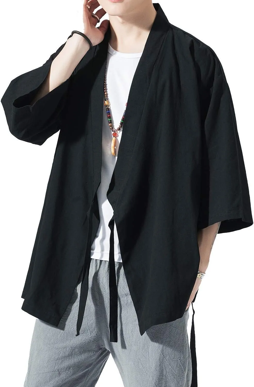PRIJOUHE Men's Kimono Jackets Cardigan Lightweight Casual Cotton Blends Linen Seven Sleeves Open Front Coat Outwear