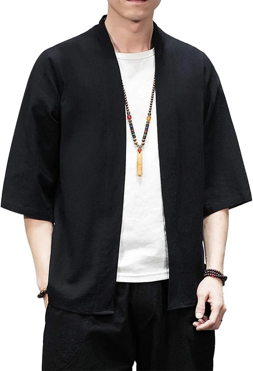 PRIJOUHE Men's Kimono Jackets Cardigan Lightweight Casual Cotton Blends Linen Seven Sleeves Open Front Coat Outwear