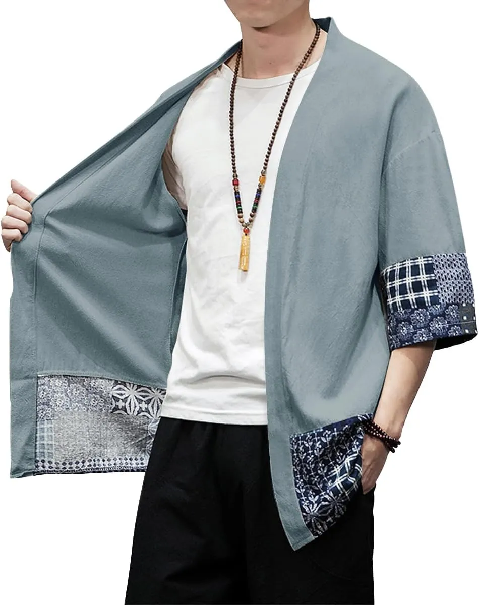 PRIJOUHE Men's Kimono Jackets Cardigan Lightweight Casual Cotton Blends Linen Seven Sleeves Open Front Coat Outwear