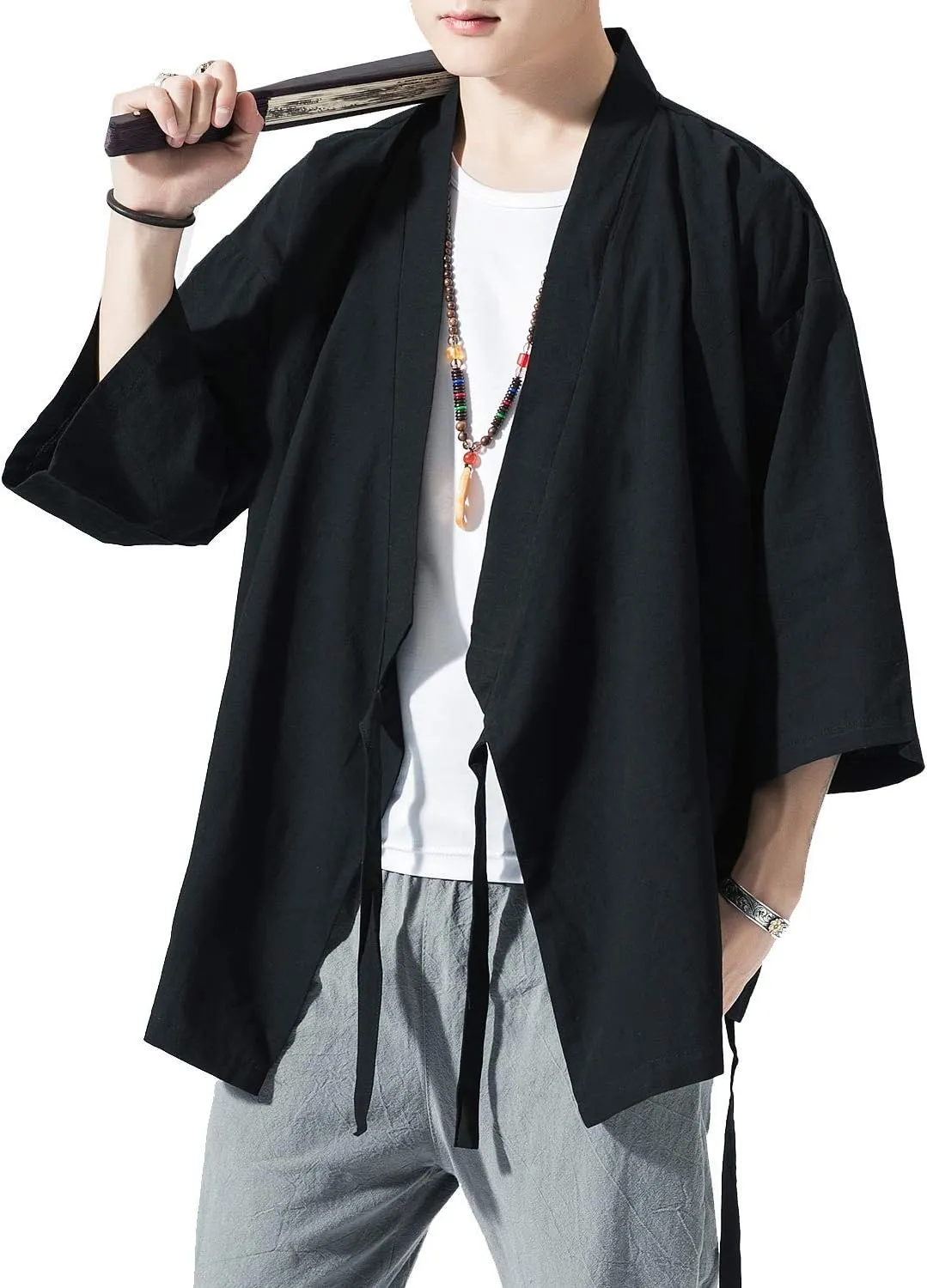 PRIJOUHE Men's Kimono Jackets Cardigan Lightweight Casual Cotton Blends Linen Seven Sleeves Open Front Coat Outwear