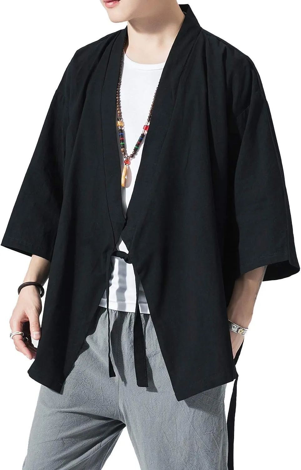 PRIJOUHE Men's Kimono Jackets Cardigan Lightweight Casual Cotton Blends Linen Seven Sleeves Open Front Coat Outwear