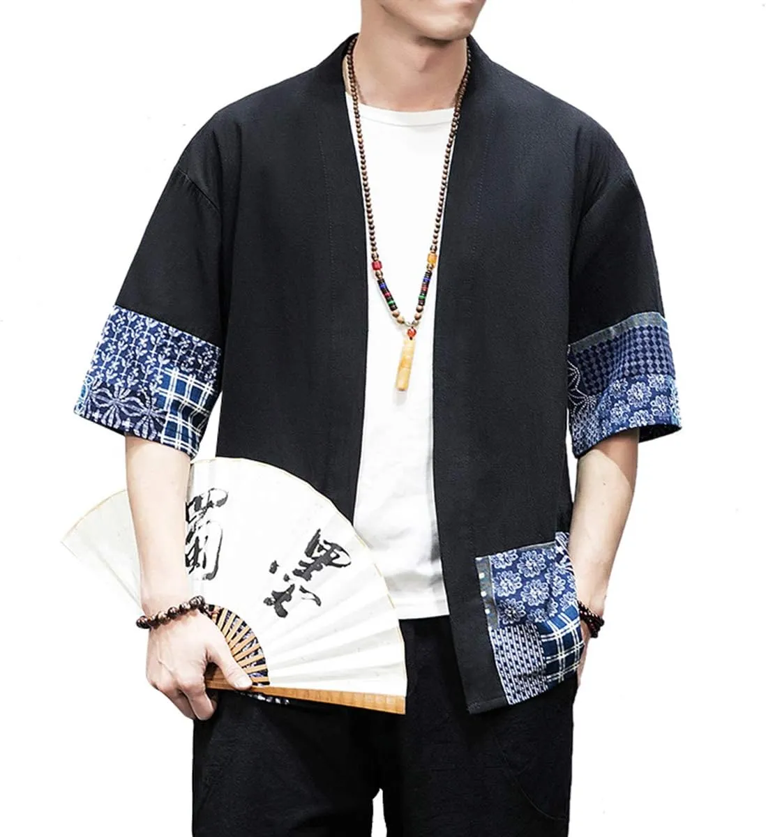PRIJOUHE Men's Kimono Jackets Cardigan Lightweight Casual Cotton Blends Linen Seven Sleeves Open Front Coat Outwear