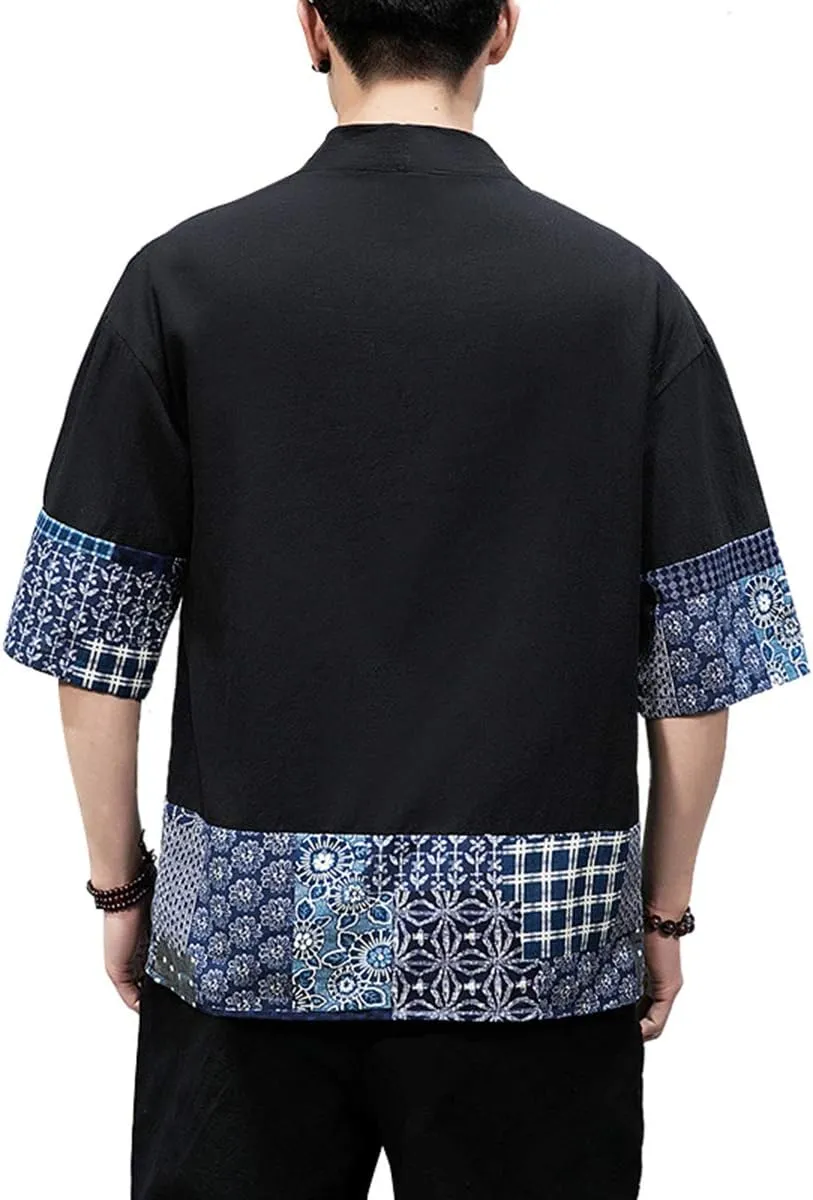 PRIJOUHE Men's Kimono Jackets Cardigan Lightweight Casual Cotton Blends Linen Seven Sleeves Open Front Coat Outwear