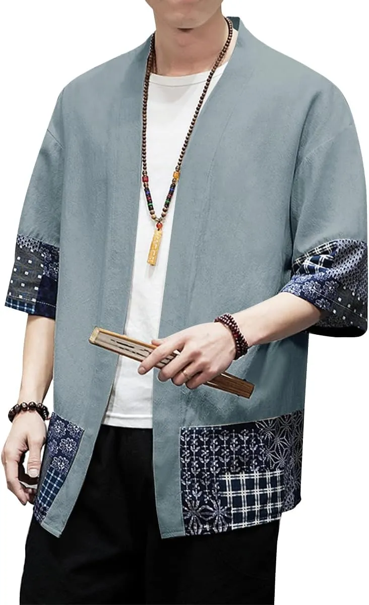 PRIJOUHE Men's Kimono Jackets Cardigan Lightweight Casual Cotton Blends Linen Seven Sleeves Open Front Coat Outwear