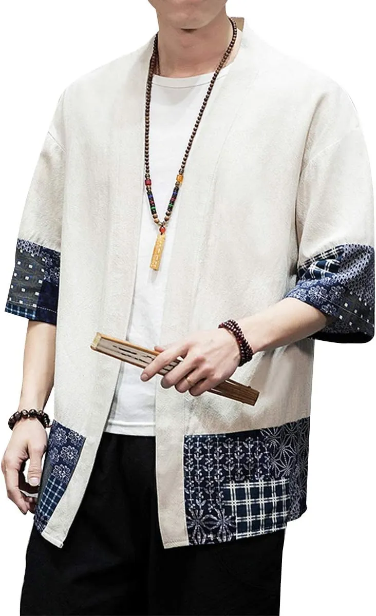 PRIJOUHE Men's Kimono Jackets Cardigan Lightweight Casual Cotton Blends Linen Seven Sleeves Open Front Coat Outwear