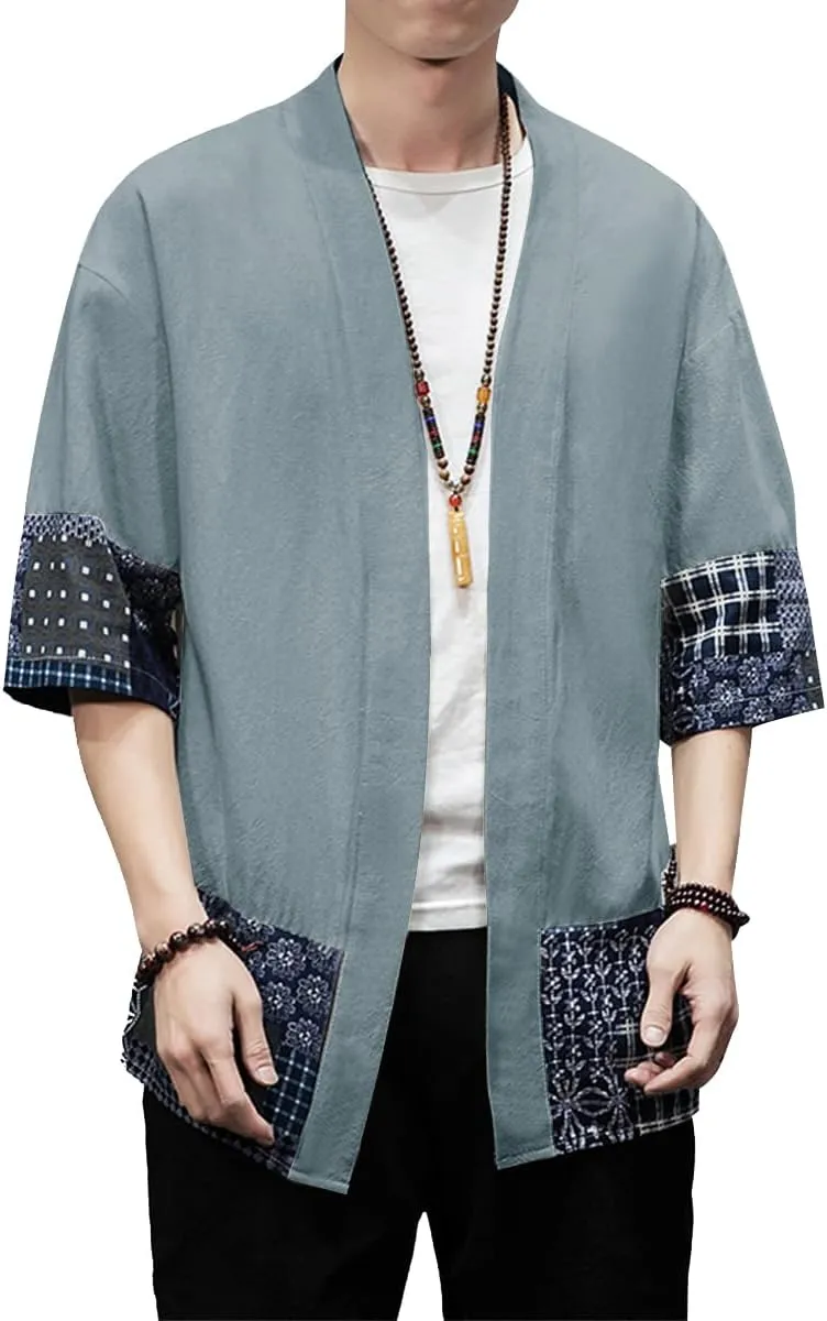 PRIJOUHE Men's Kimono Jackets Cardigan Lightweight Casual Cotton Blends Linen Seven Sleeves Open Front Coat Outwear