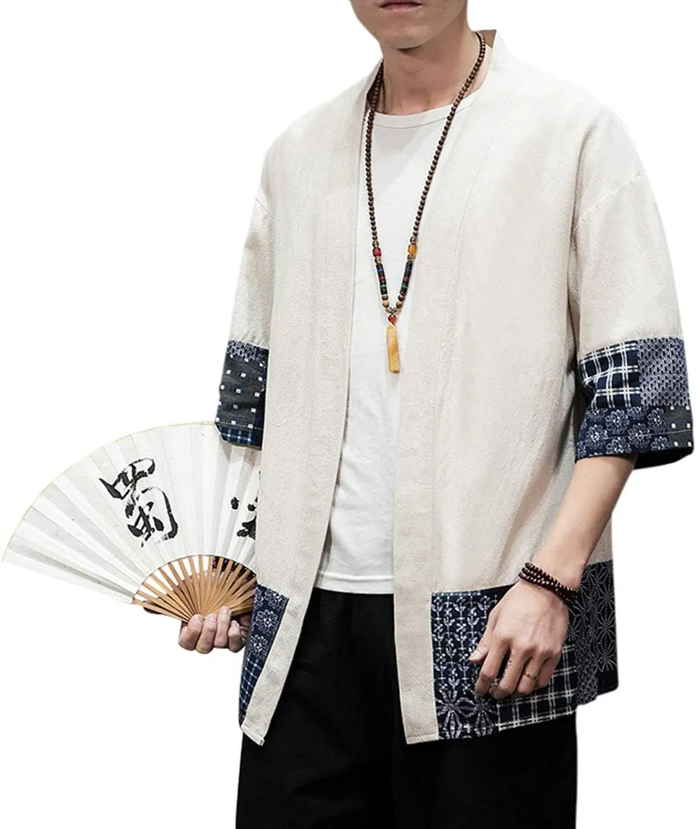 PRIJOUHE Men's Kimono Jackets Cardigan Lightweight Casual Cotton Blends Linen Seven Sleeves Open Front Coat Outwear
