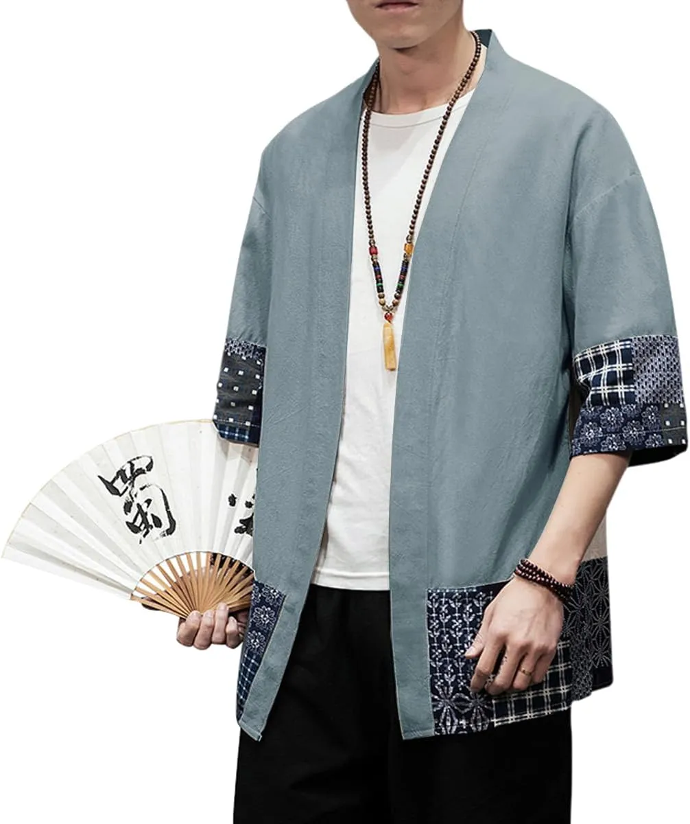 PRIJOUHE Men's Kimono Jackets Cardigan Lightweight Casual Cotton Blends Linen Seven Sleeves Open Front Coat Outwear