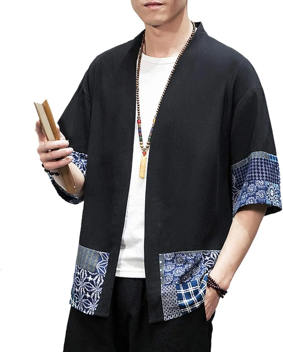PRIJOUHE Men's Kimono Jackets Cardigan Lightweight Casual Cotton Blends Linen Seven Sleeves Open Front Coat Outwear
