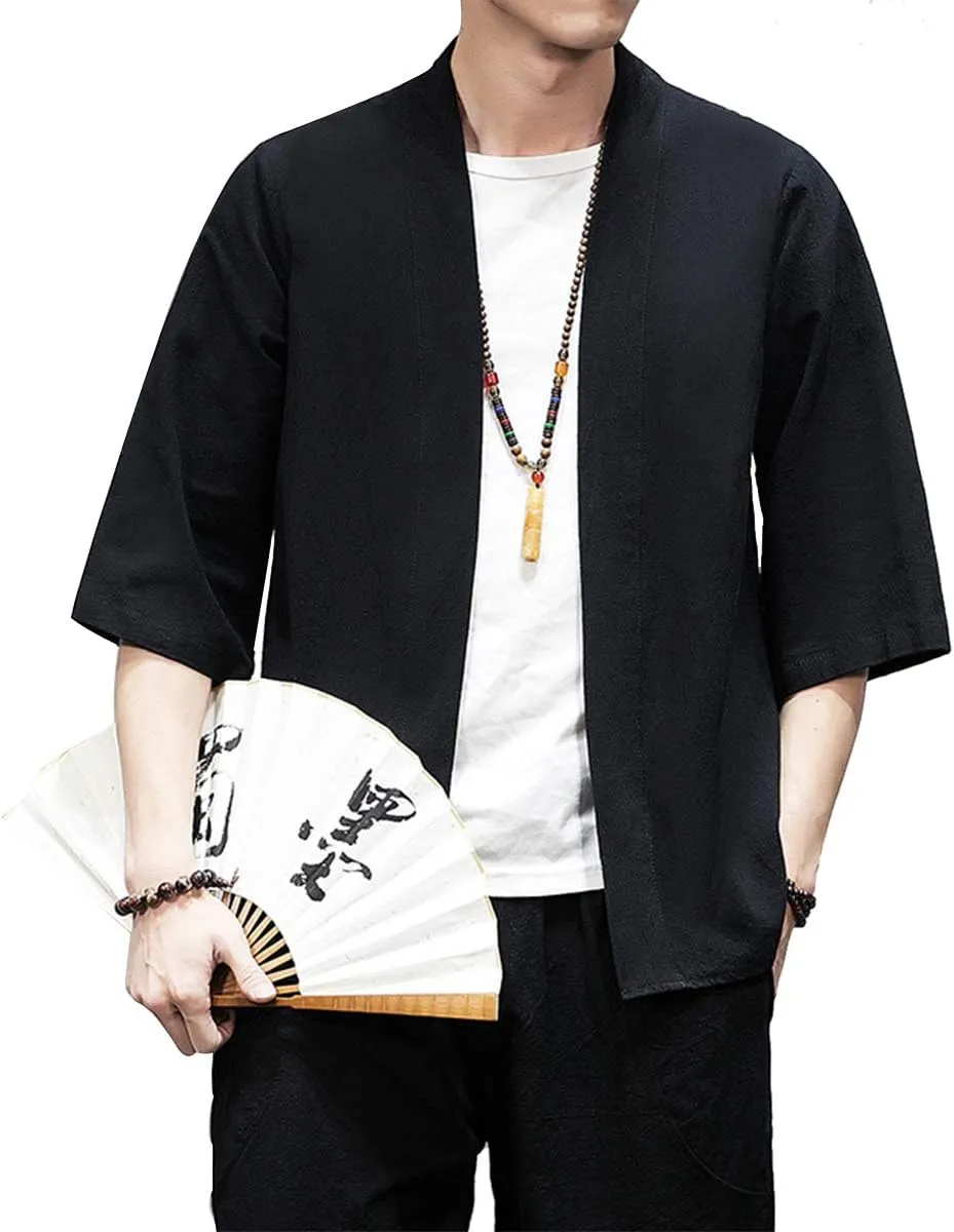 PRIJOUHE Men's Kimono Jackets Cardigan Lightweight Casual Cotton Blends Linen Seven Sleeves Open Front Coat Outwear