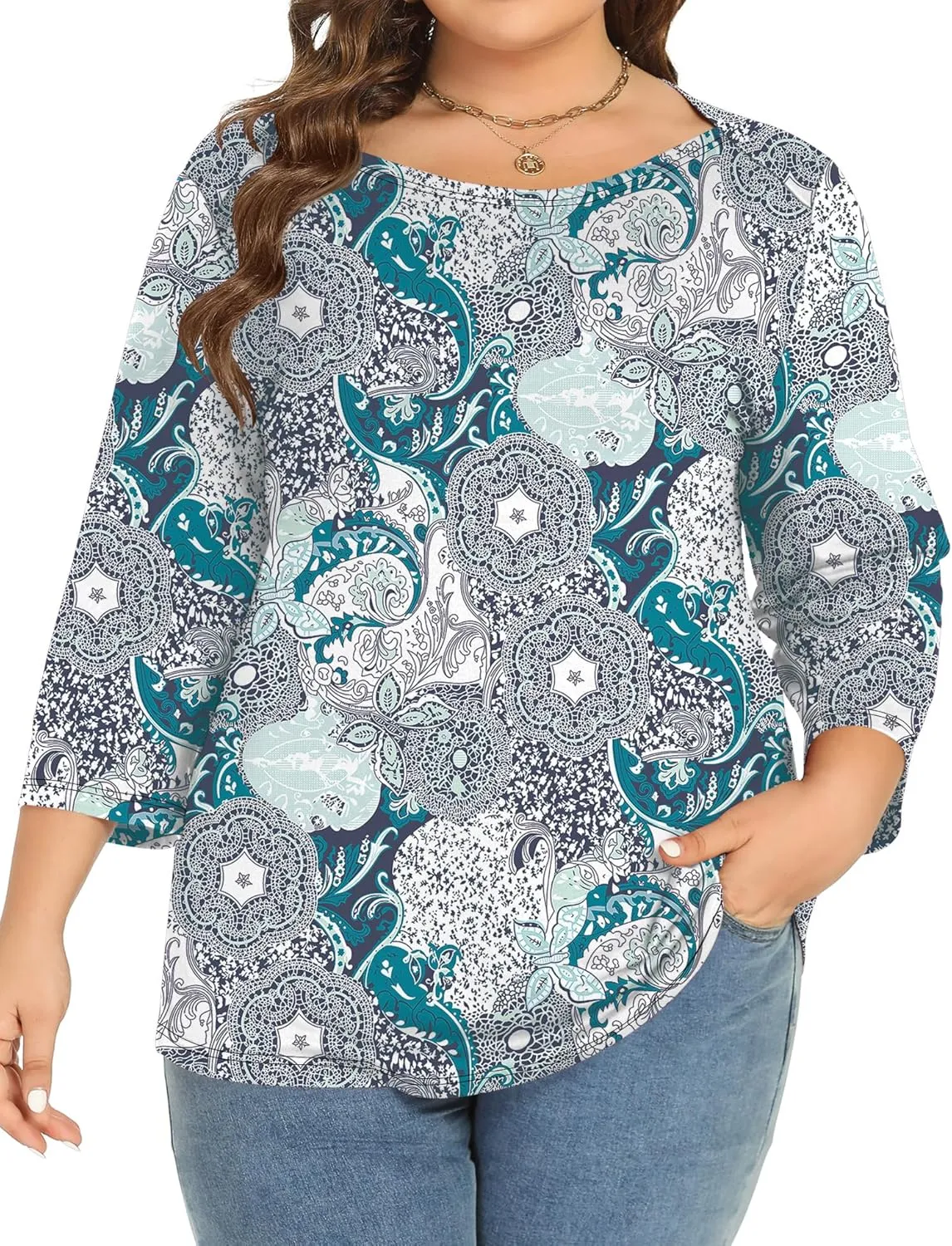 Rapbin Womens Plus Size 3/4 Length Sleeve Tops Boat Neck Loose Fit Tee Tunic Blouse XL-5XL