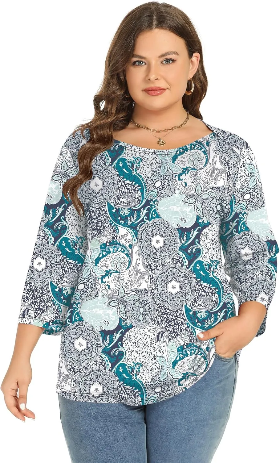 Rapbin Womens Plus Size 3/4 Length Sleeve Tops Boat Neck Loose Fit Tee Tunic Blouse XL-5XL