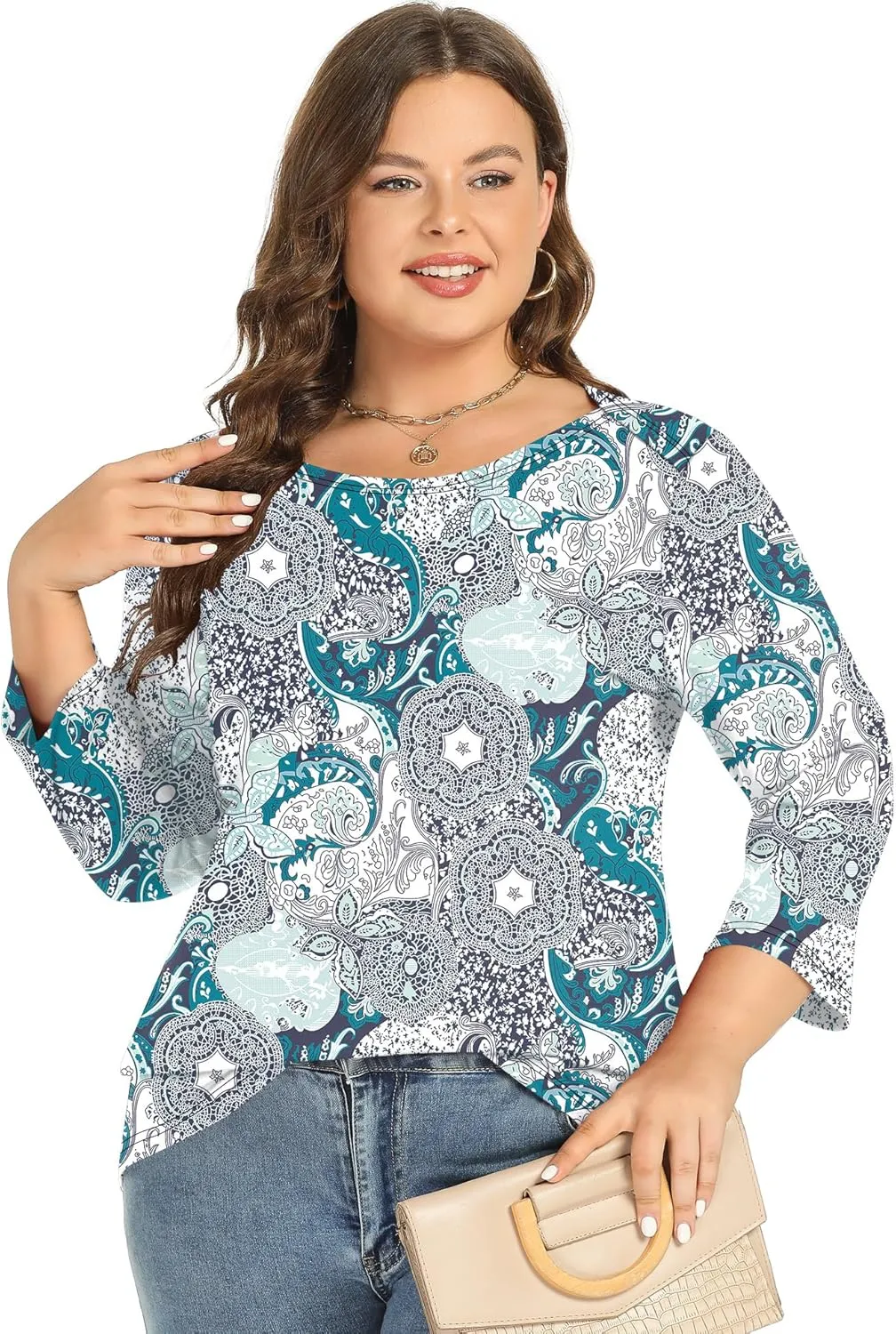 Rapbin Womens Plus Size 3/4 Length Sleeve Tops Boat Neck Loose Fit Tee Tunic Blouse XL-5XL