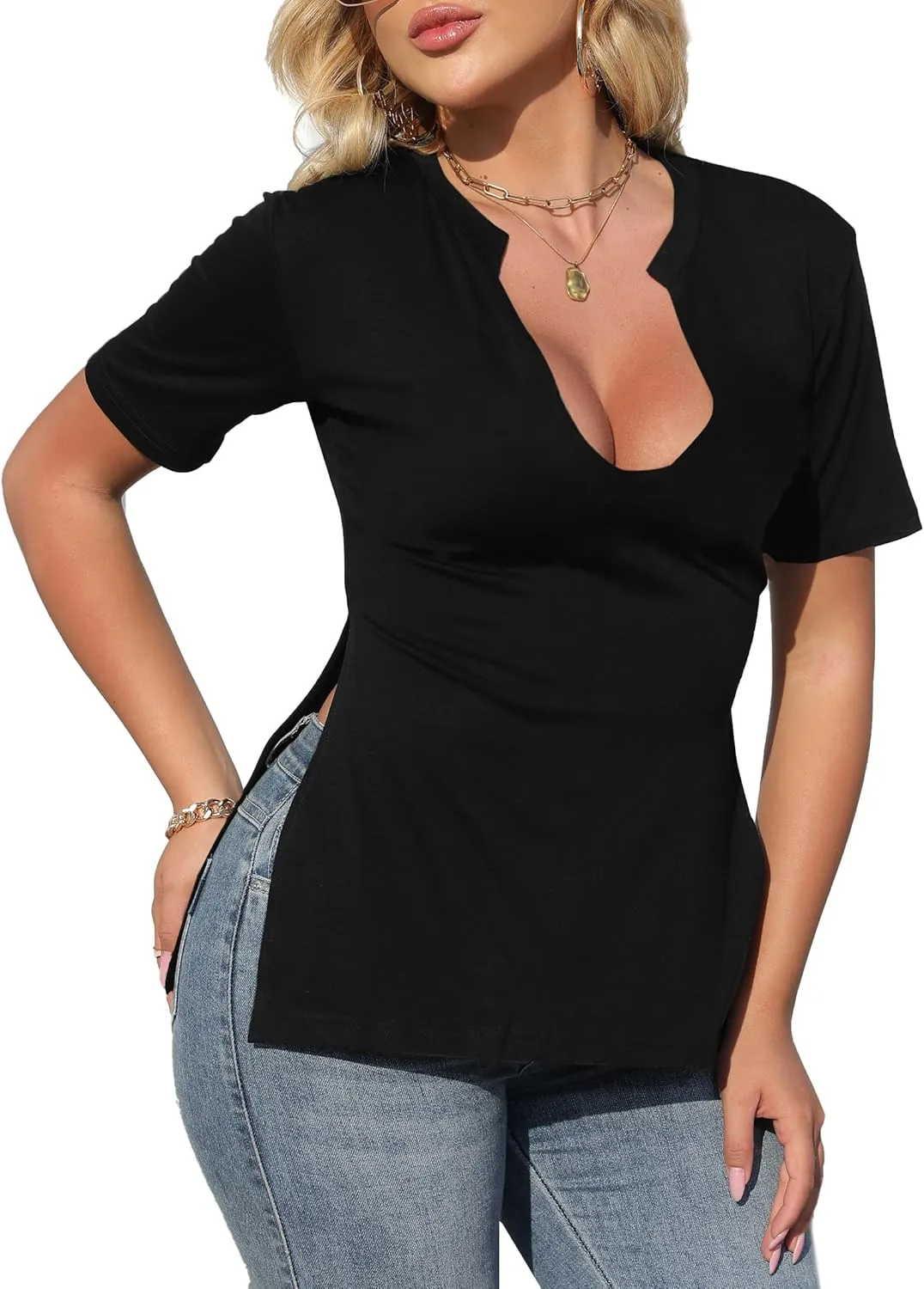 Remidoo Women's Side Slit Shirt Asymmetrical Tops Short Sleeve Tie Dye T Shirt Tees