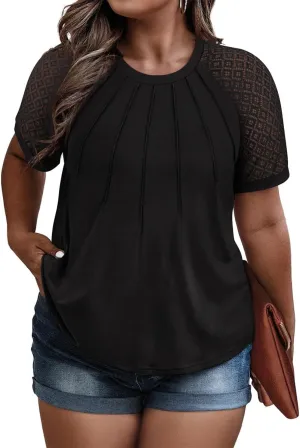 RITERA Plus Size Tops for Women Crewneck Short Sleeve Lace Flower Pleated Front Tshirt Casual Summer Blouse XL-5XL