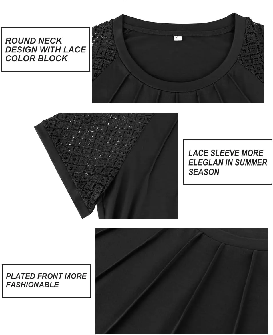 RITERA Plus Size Tops for Women Crewneck Short Sleeve Lace Flower Pleated Front Tshirt Casual Summer Blouse XL-5XL