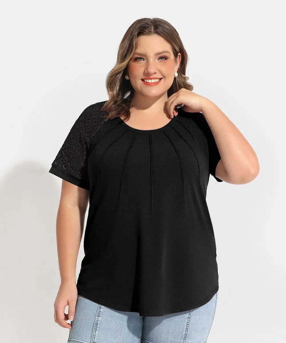 RITERA Plus Size Tops for Women Crewneck Short Sleeve Lace Flower Pleated Front Tshirt Casual Summer Blouse XL-5XL