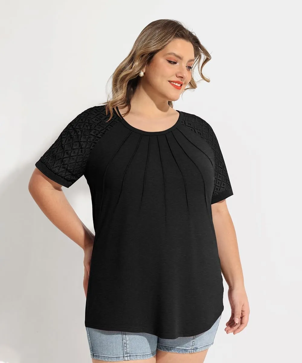 RITERA Plus Size Tops for Women Crewneck Short Sleeve Lace Flower Pleated Front Tshirt Casual Summer Blouse XL-5XL