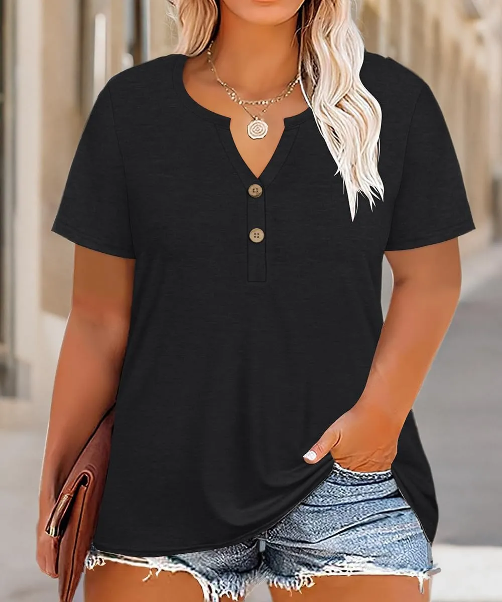 RITERA Plus Size Tops for Women V Neck Button Up Short Sleeve Henley Tshirt Casual Blouse Pullover Basic 12W 14W XL-5XL