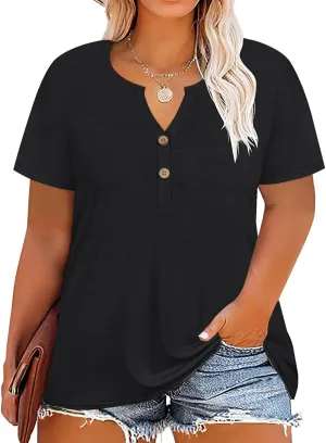 RITERA Plus Size Tops for Women V Neck Button Up Short Sleeve Henley Tshirt Casual Blouse Pullover Basic 12W 14W XL-5XL