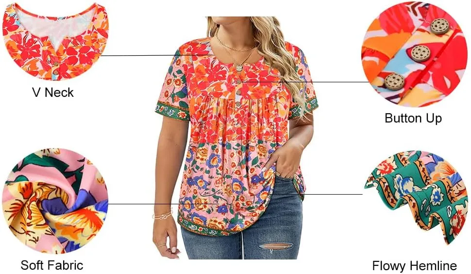 RITERA Womens Plus Size Casual Tops V Round Neck Tshirts Blouse for Women Girls Basic Summer Black Tops Solid Color XL 5XL