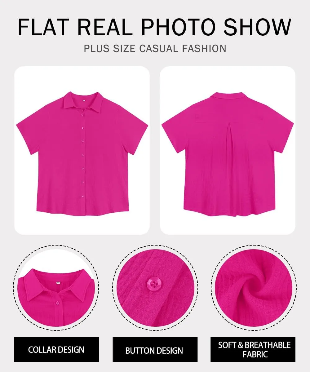 RITERA Womens Plus Size Tops Button Down Roll-Up Cuffed Short Sleeve Casual Shirts Collared Summer Lightweight Blouse XL-5XL