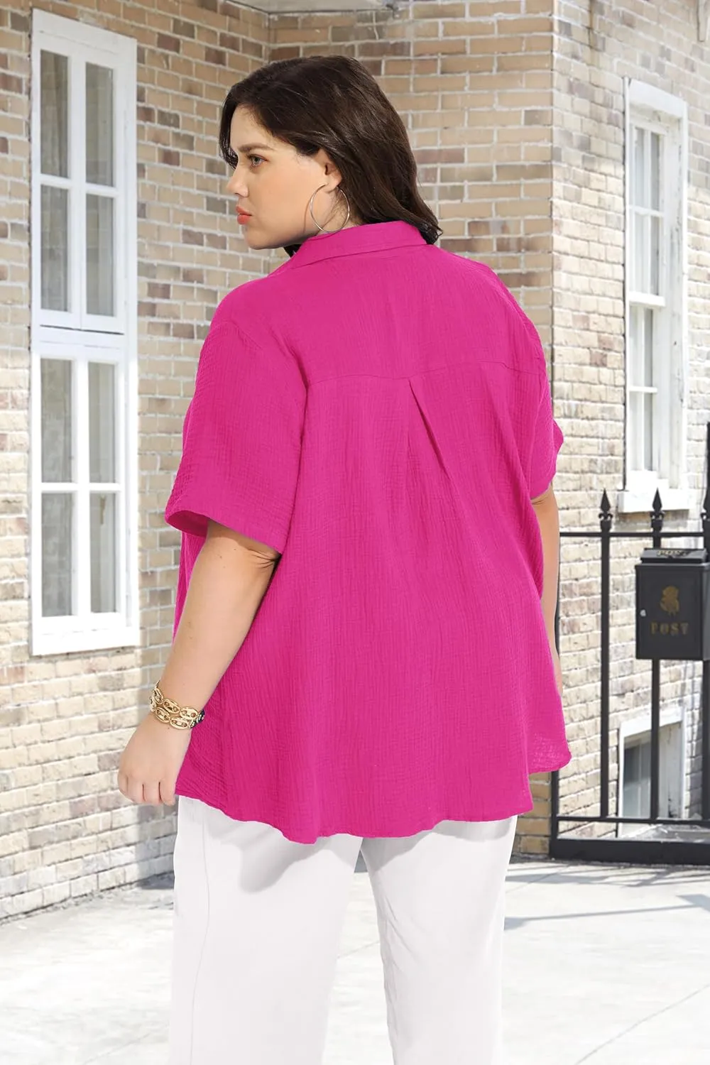 RITERA Womens Plus Size Tops Button Down Roll-Up Cuffed Short Sleeve Casual Shirts Collared Summer Lightweight Blouse XL-5XL