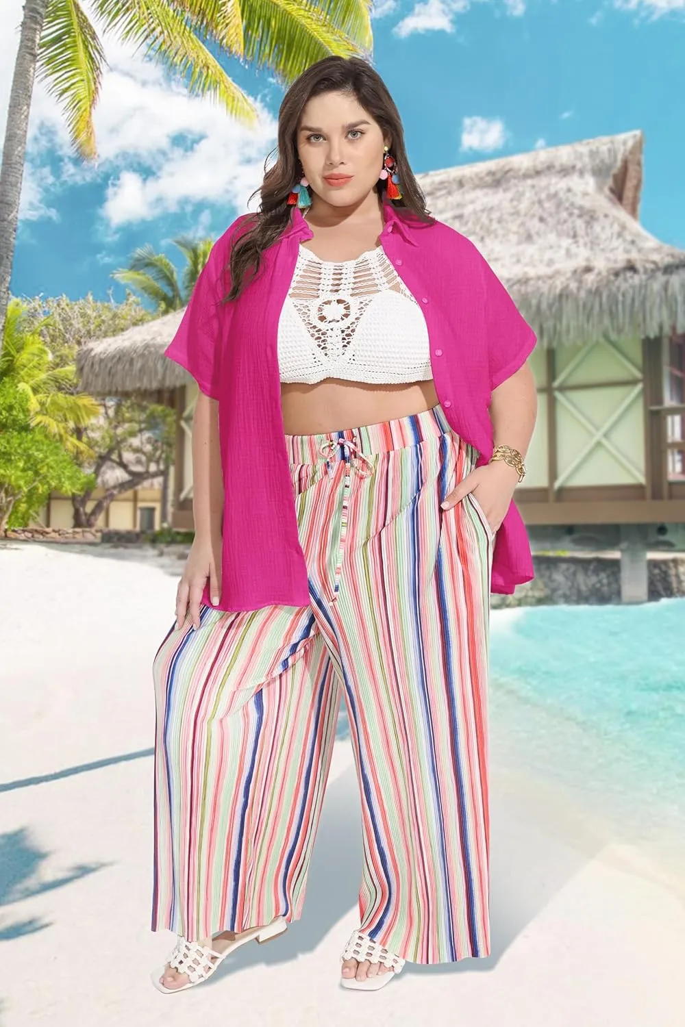 RITERA Womens Plus Size Tops Button Down Roll-Up Cuffed Short Sleeve Casual Shirts Collared Summer Lightweight Blouse XL-5XL